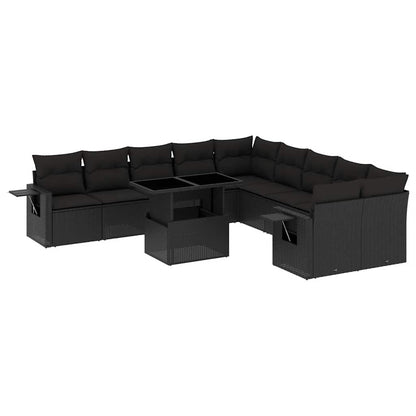 11-tlg. Garten-Sofagarnitur mit Kissen Schwarz Poly Rattan