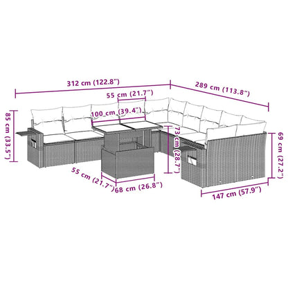 11-tlg. Garten-Sofagarnitur mit Kissen Schwarz Poly Rattan