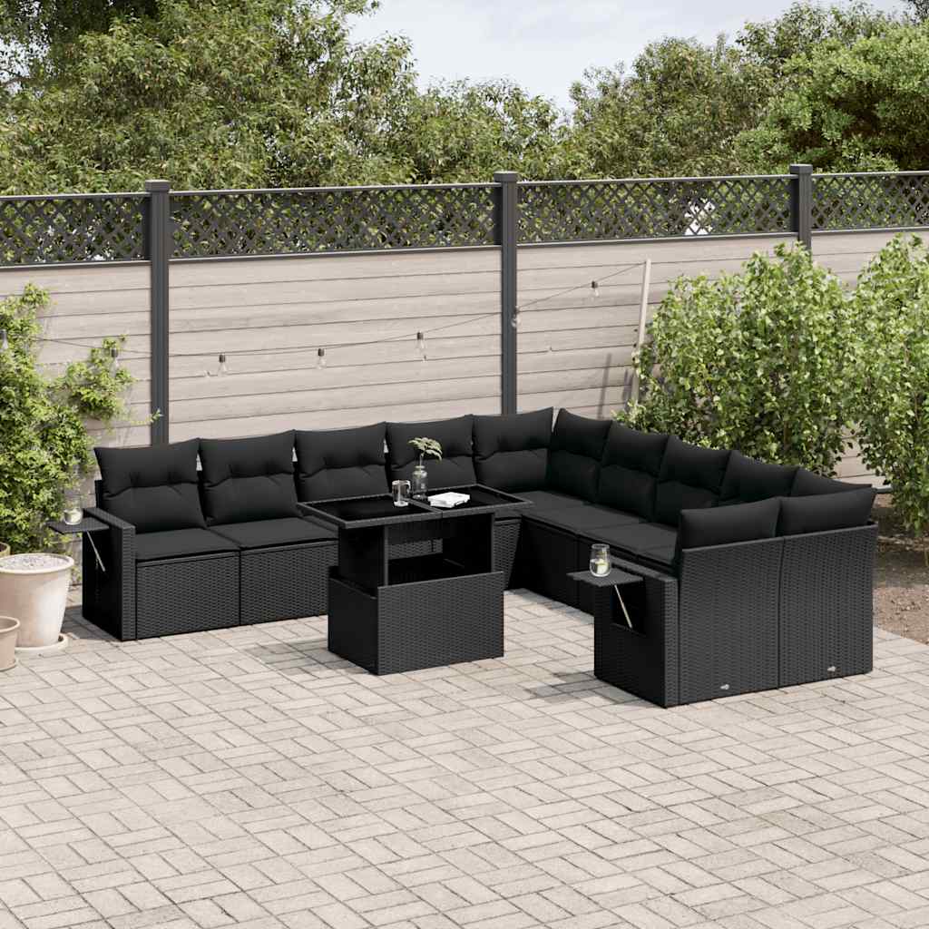 11-tlg. Garten-Sofagarnitur mit Kissen Schwarz Poly Rattan