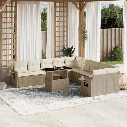 11-tlg. Garten-Sofagarnitur mit Kissen Beige Poly Rattan