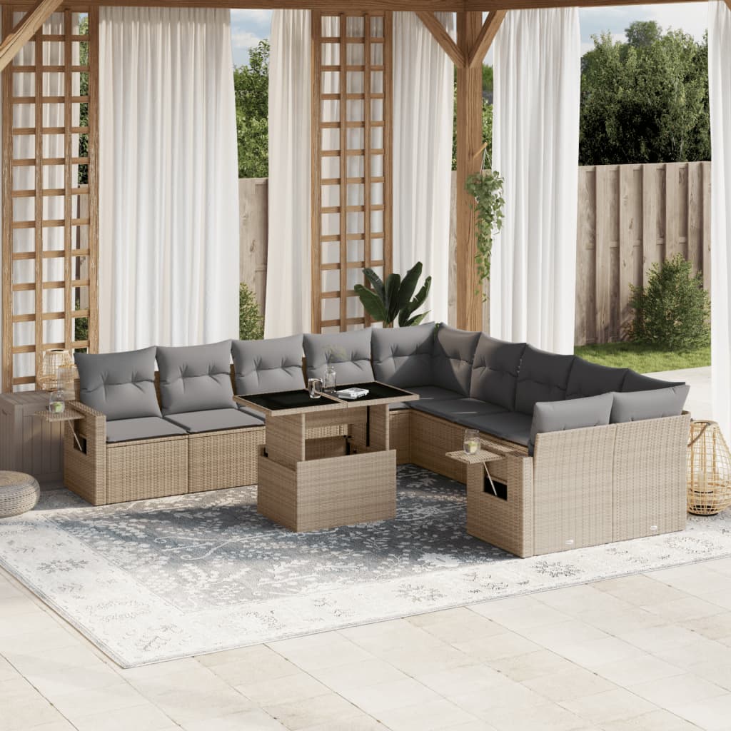 11-tlg. Garten-Sofagarnitur mit Kissen Beige Poly Rattan