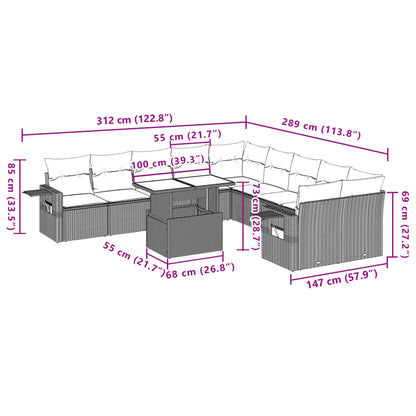 11-tlg. Garten-Sofagarnitur mit Kissen Grau Poly Rattan