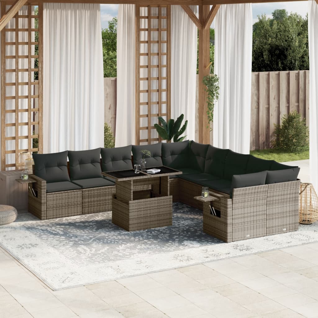 11-tlg. Garten-Sofagarnitur mit Kissen Grau Poly Rattan