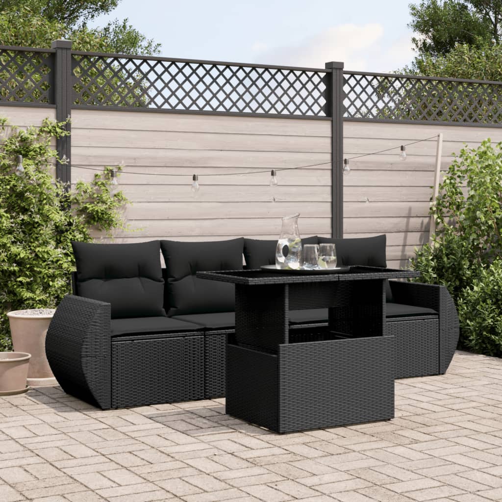 5-tlg. Garten-Sofagarnitur mit Kissen Schwarz Poly Rattan