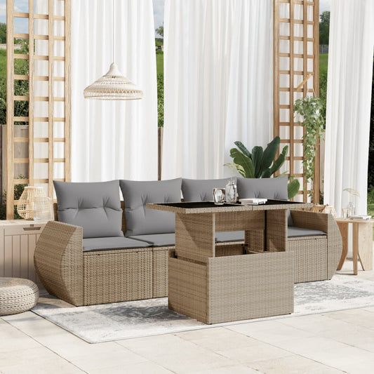 5-tlg. Garten-Sofagarnitur mit Kissen Beige Poly Rattan