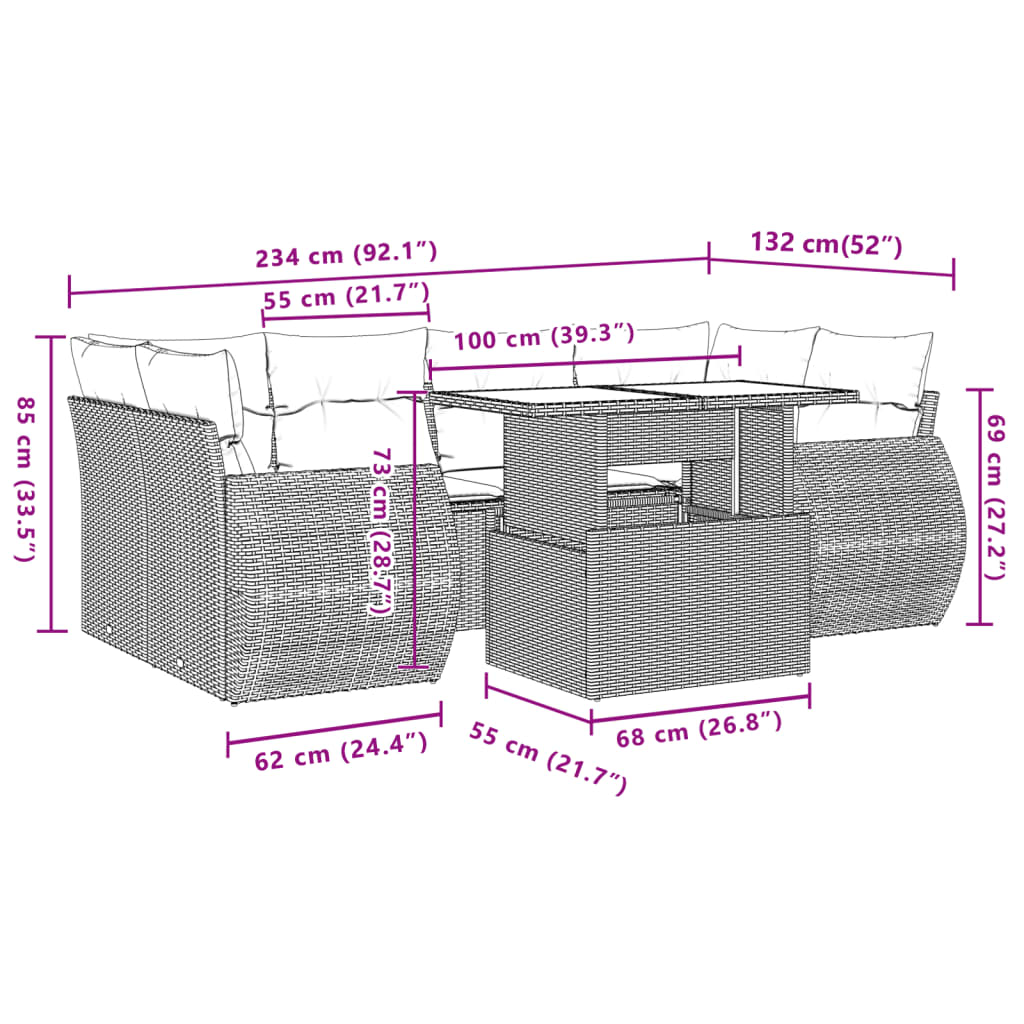 7-tlg. Garten-Sofagarnitur mit Kissen Beige Poly Rattan