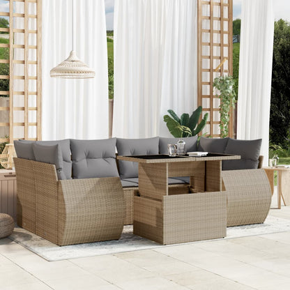 7-tlg. Garten-Sofagarnitur mit Kissen Beige Poly Rattan