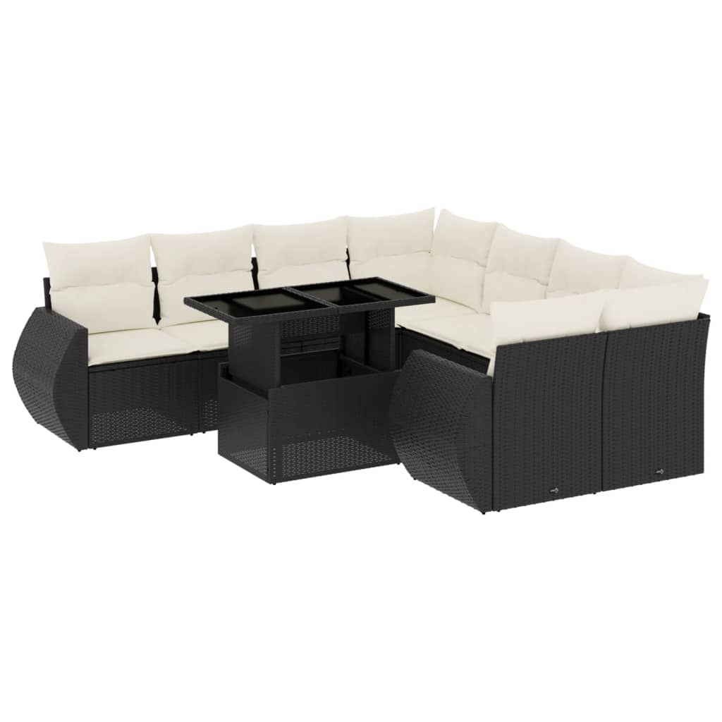 9-tlg. Garten-Sofagarnitur mit Kissen Schwarz Poly Rattan