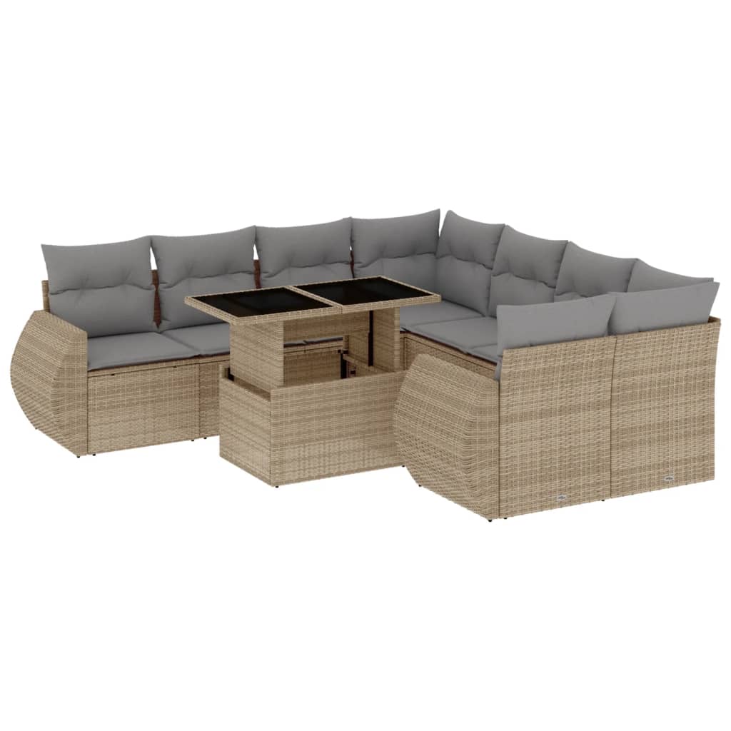 9-tlg. Garten-Sofagarnitur mit Kissen Beige Poly Rattan