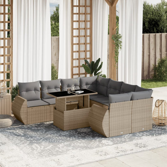 9-tlg. Garten-Sofagarnitur mit Kissen Beige Poly Rattan