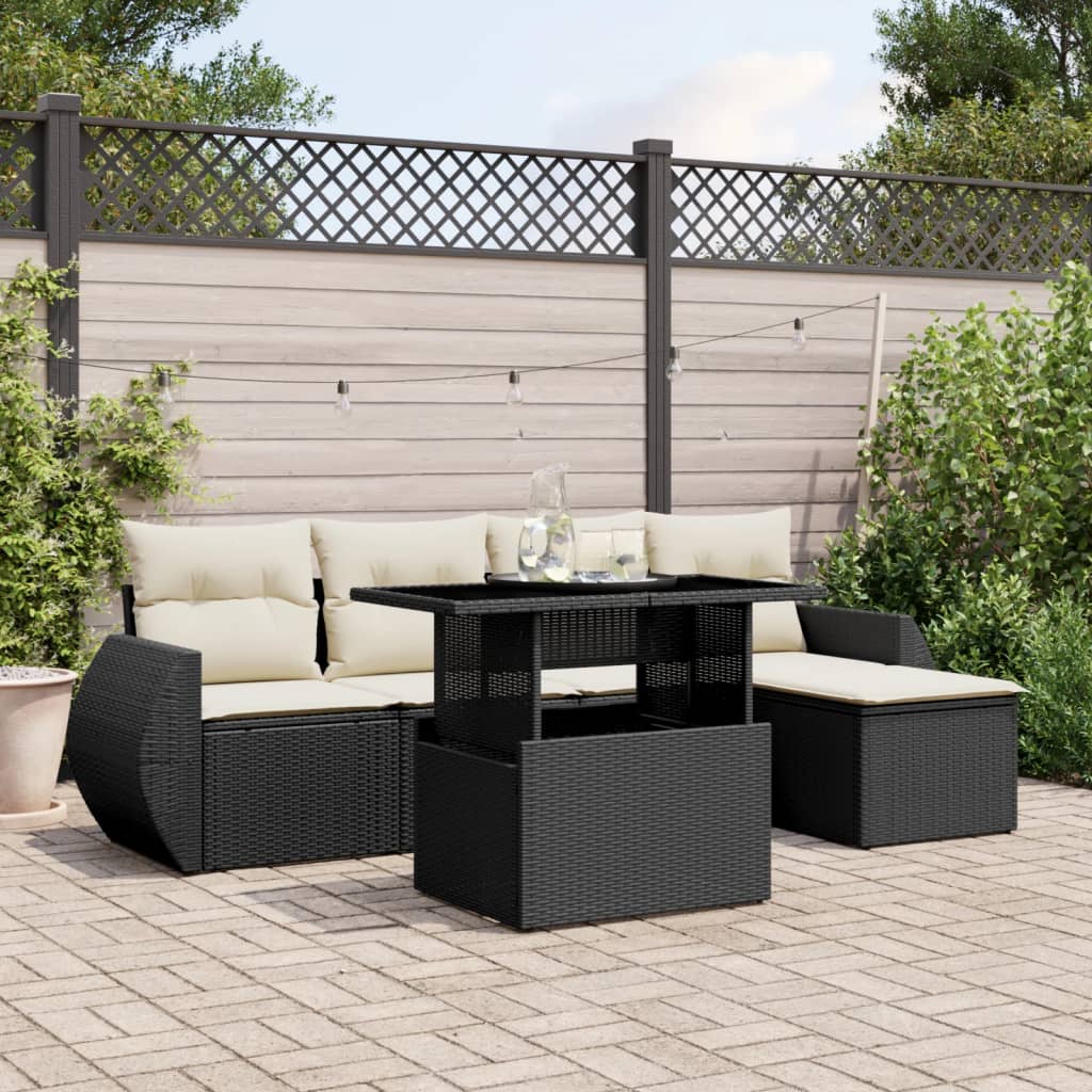 6-tlg. Garten-Sofagarnitur mit Kissen Schwarz Poly Rattan