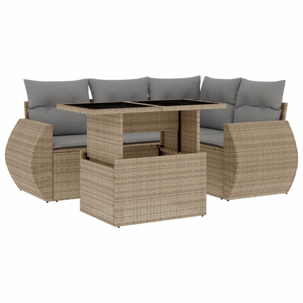 5-tlg. Garten-Sofagarnitur mit Kissen Beige Poly Rattan