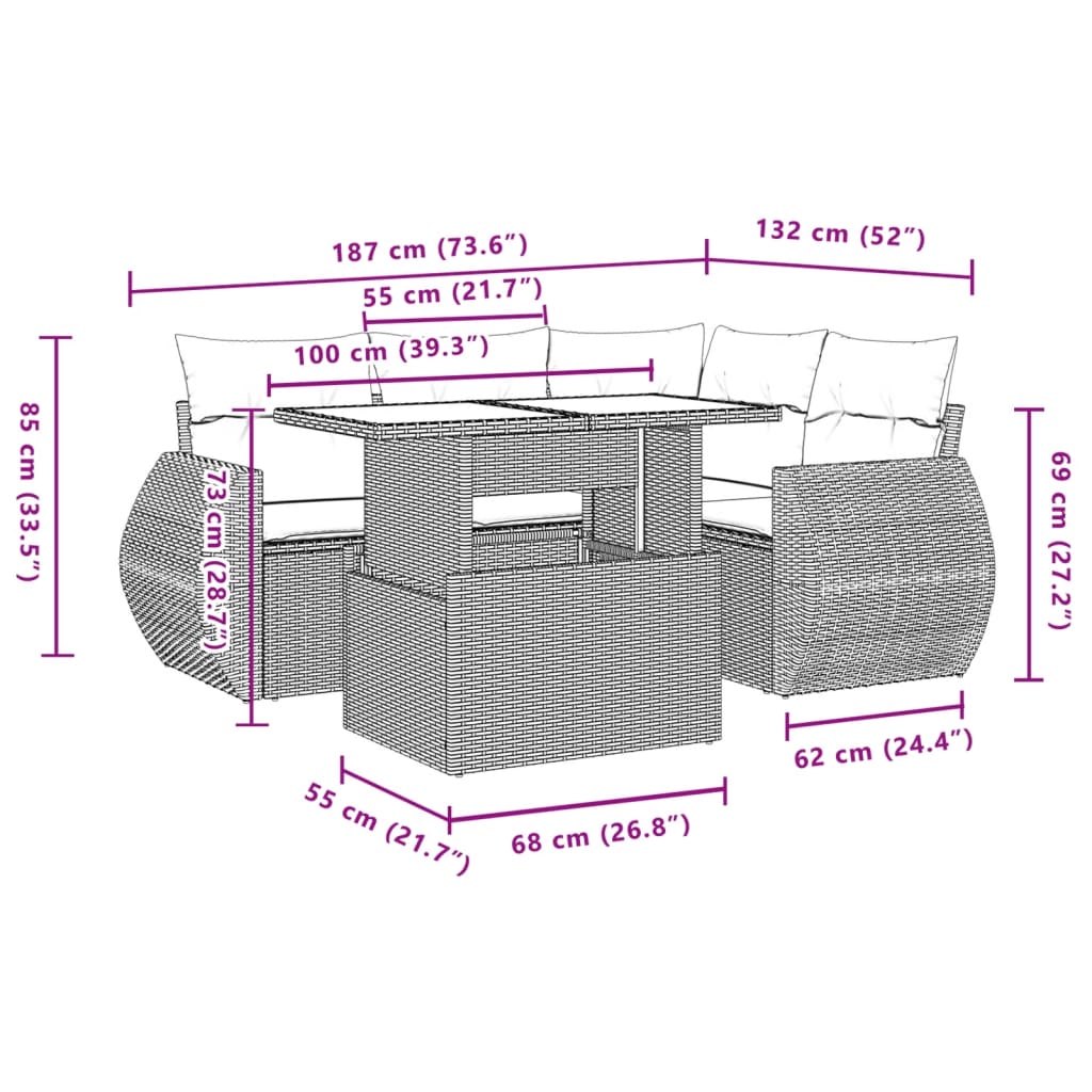 5-tlg. Garten-Sofagarnitur mit Kissen Beige Poly Rattan