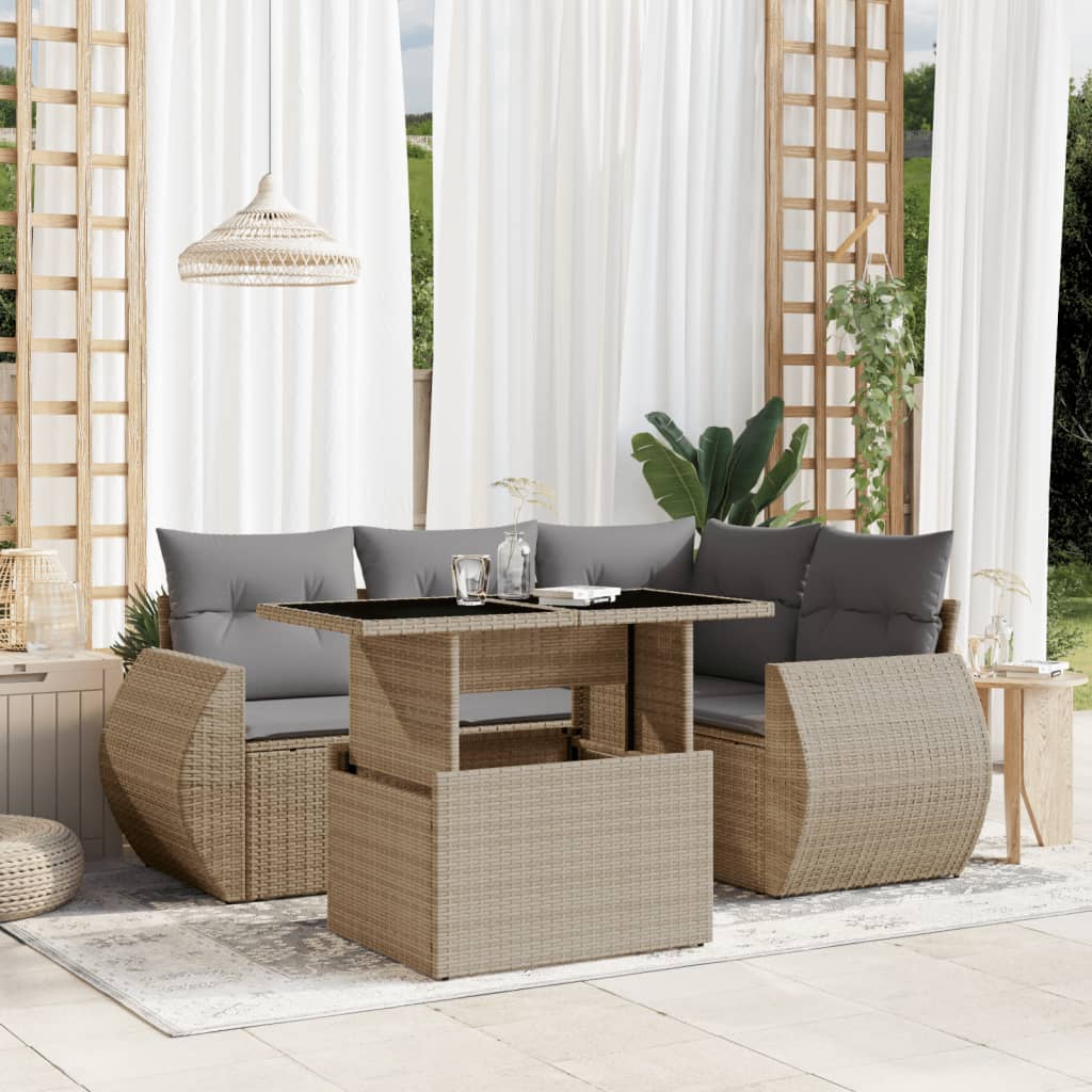 5-tlg. Garten-Sofagarnitur mit Kissen Beige Poly Rattan