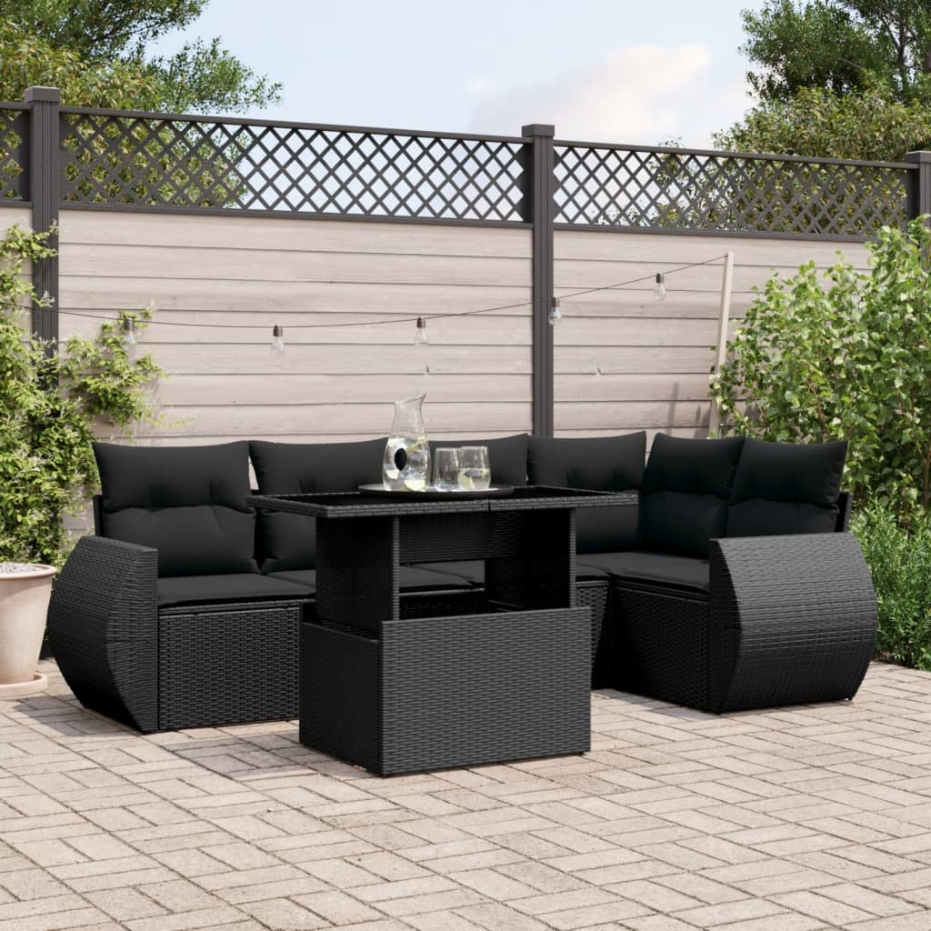 6-tlg. Garten-Sofagarnitur mit Kissen Schwarz Poly Rattan