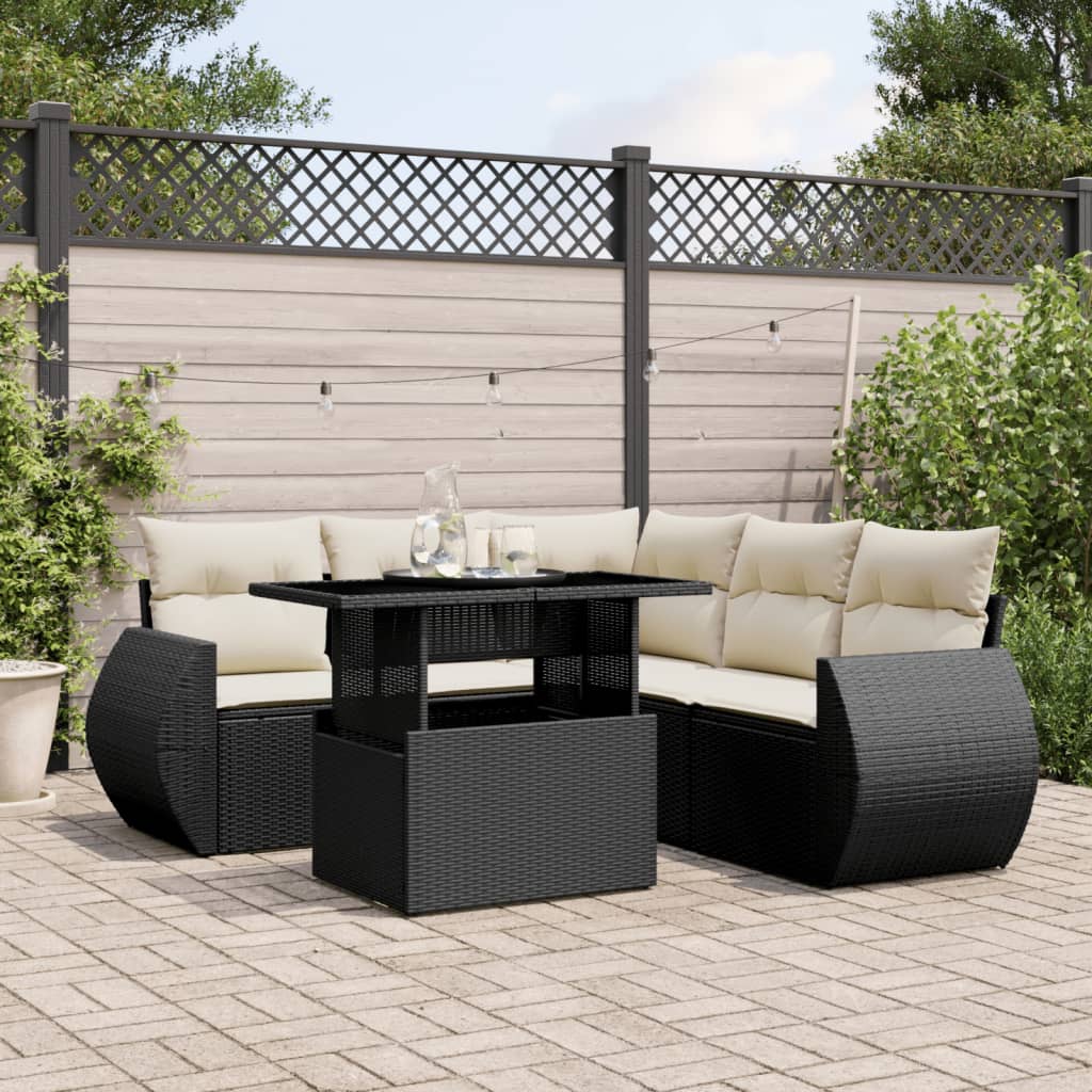 6-tlg. Garten-Sofagarnitur mit Kissen Schwarz Poly Rattan