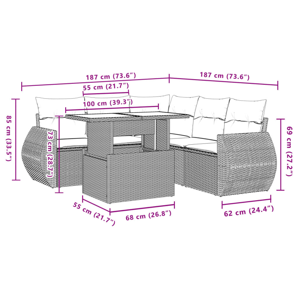 6-tlg. Garten-Sofagarnitur mit Kissen Beige Poly Rattan