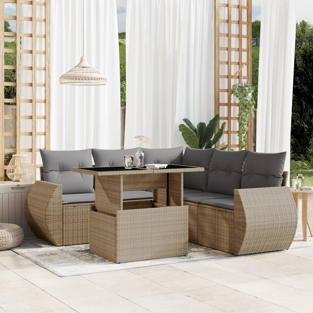 6-tlg. Garten-Sofagarnitur mit Kissen Beige Poly Rattan