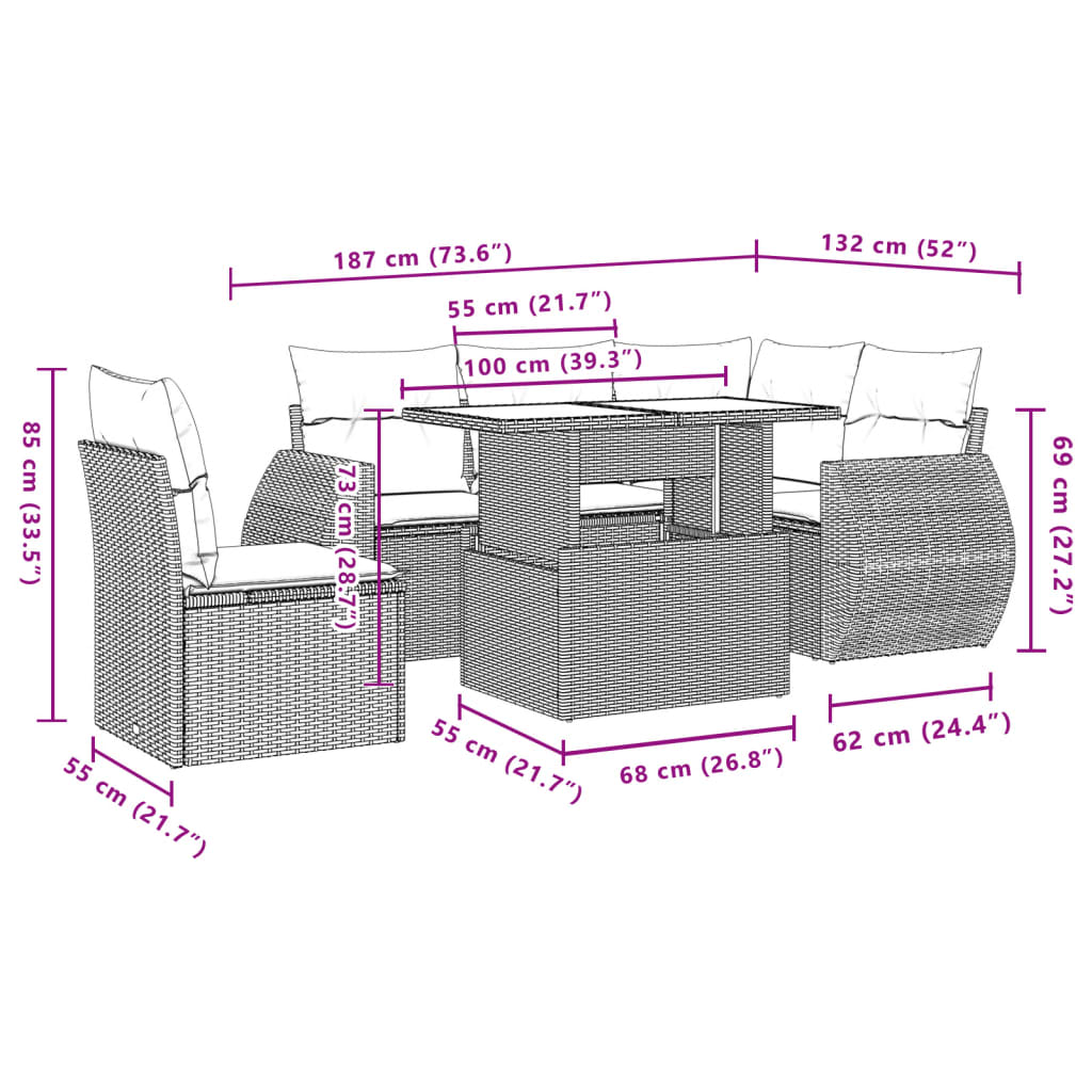 6-tlg. Garten-Sofagarnitur mit Kissen Schwarz Poly Rattan