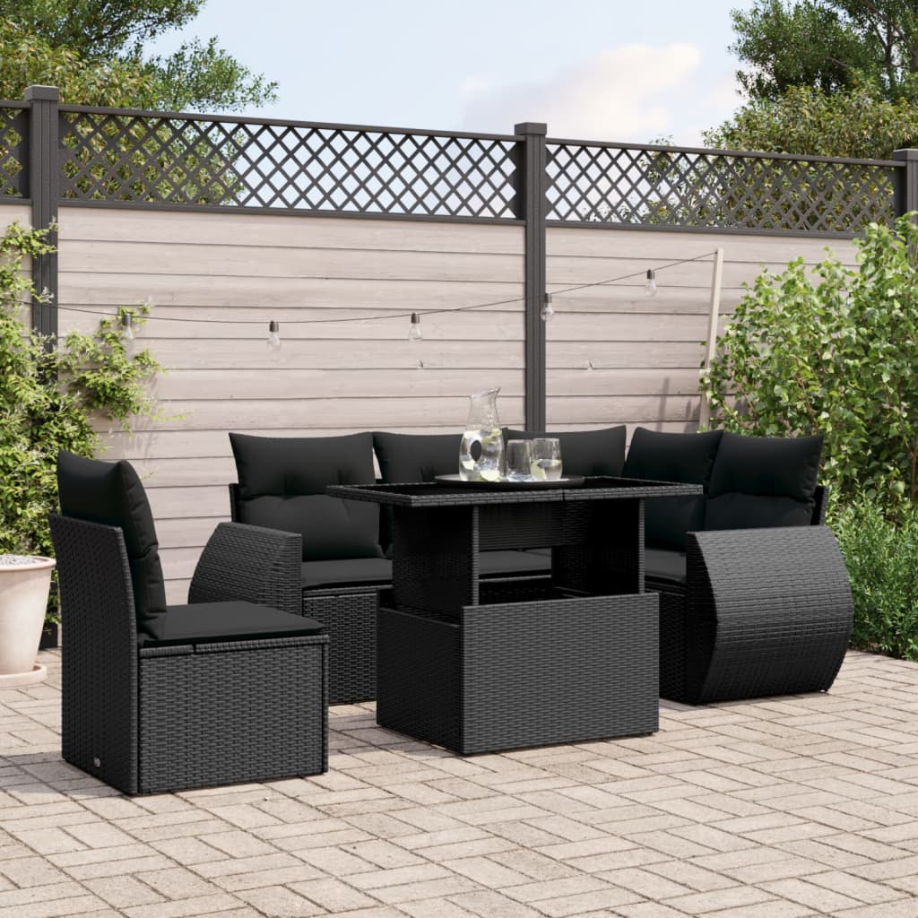 6-tlg. Garten-Sofagarnitur mit Kissen Schwarz Poly Rattan