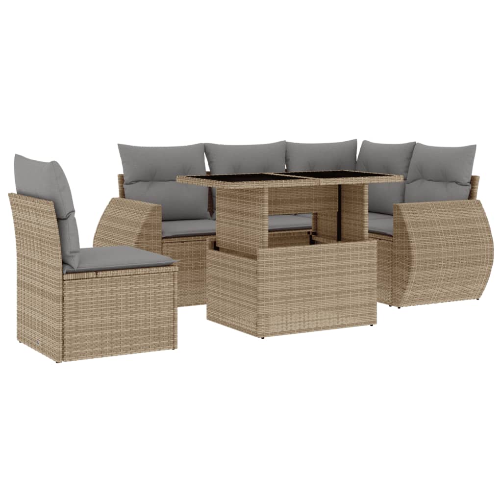 6-tlg. Garten-Sofagarnitur mit Kissen Beige Poly Rattan