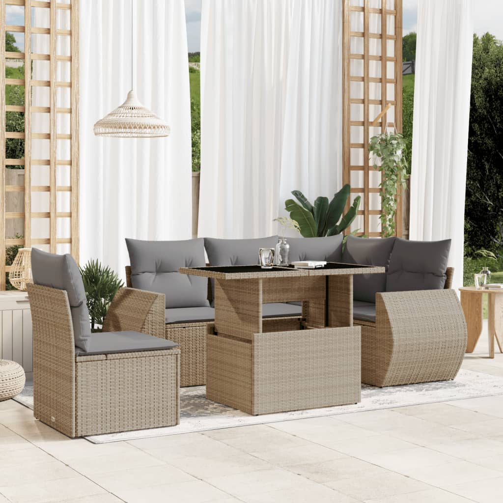 6-tlg. Garten-Sofagarnitur mit Kissen Beige Poly Rattan