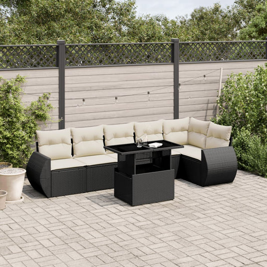 7-tlg. Garten-Sofagarnitur mit Kissen Schwarz Poly Rattan