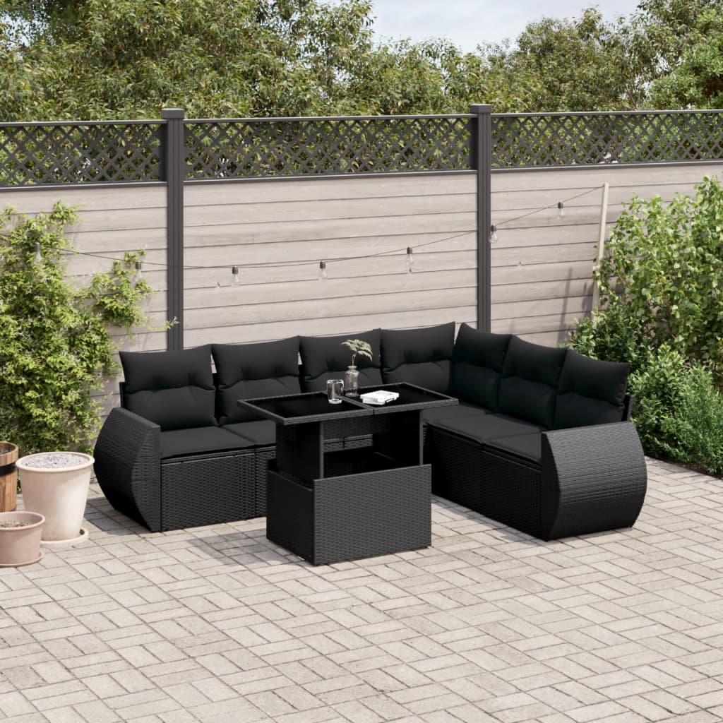 7-tlg. Garten-Sofagarnitur mit Kissen Schwarz Poly Rattan