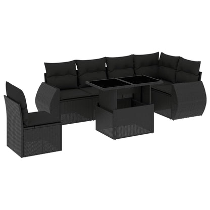 7-tlg. Garten-Sofagarnitur mit Kissen Schwarz Poly Rattan