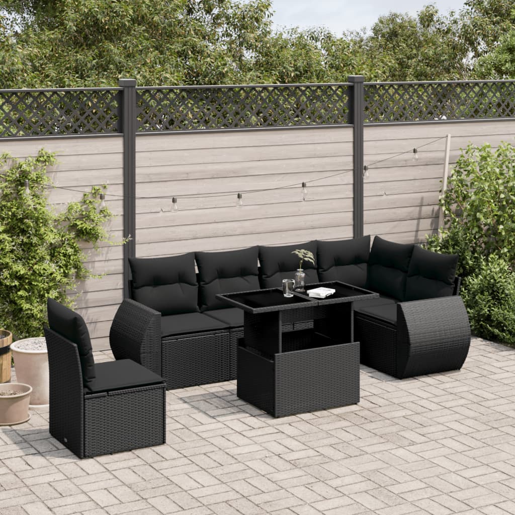 7-tlg. Garten-Sofagarnitur mit Kissen Schwarz Poly Rattan