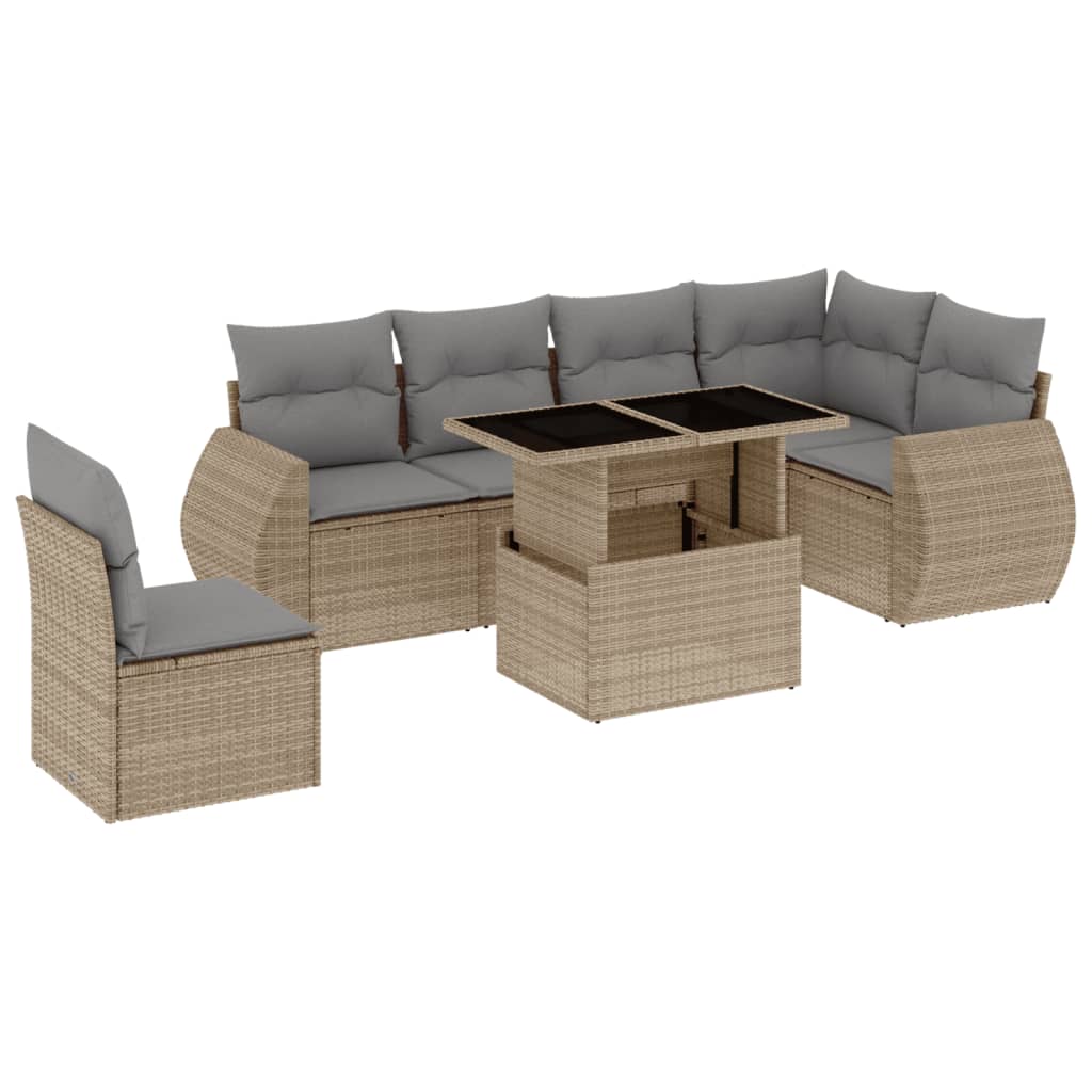 7-tlg. Garten-Sofagarnitur mit Kissen Beige Poly Rattan