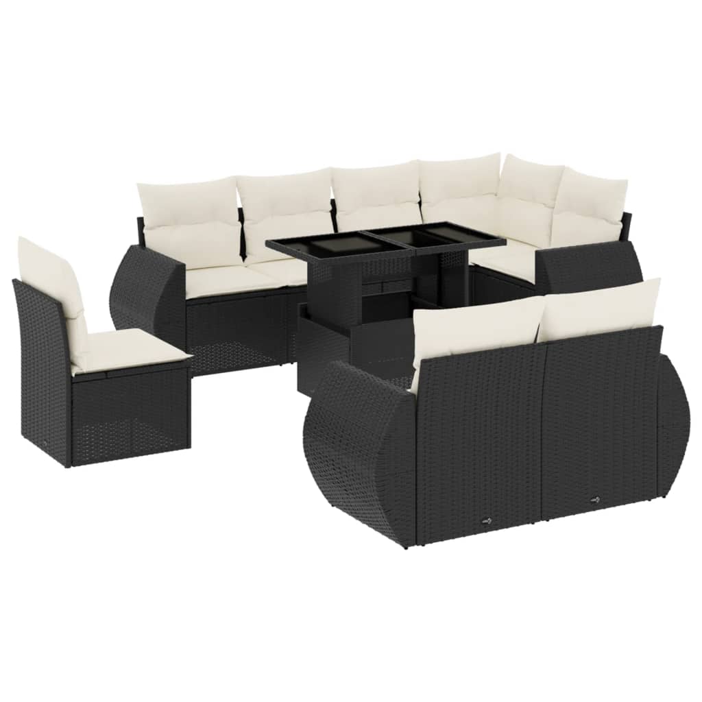 9-tlg. Garten-Sofagarnitur mit Kissen Schwarz Poly Rattan