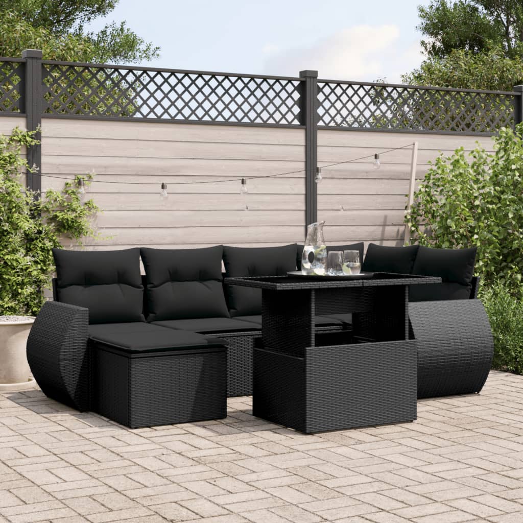 7-tlg. Garten-Sofagarnitur mit Kissen Schwarz Poly Rattan