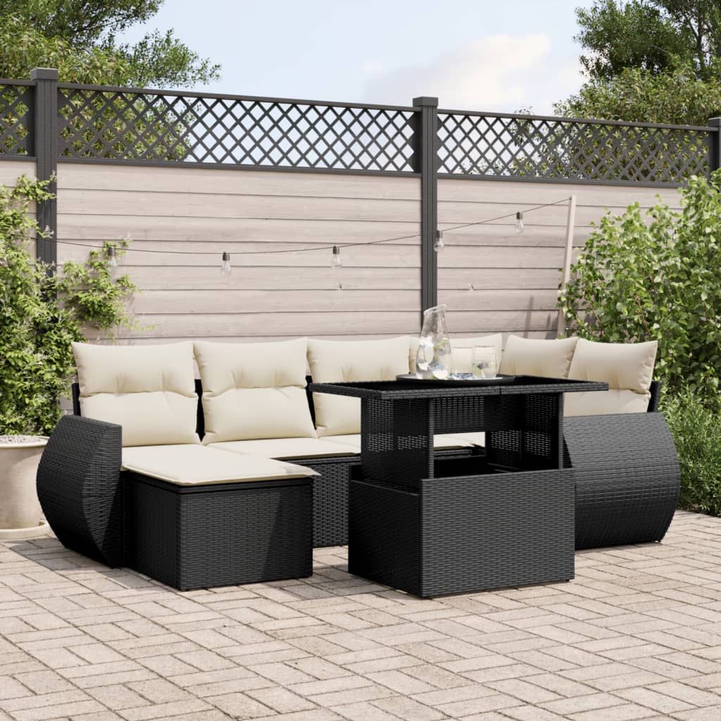 7-tlg. Garten-Sofagarnitur mit Kissen Schwarz Poly Rattan