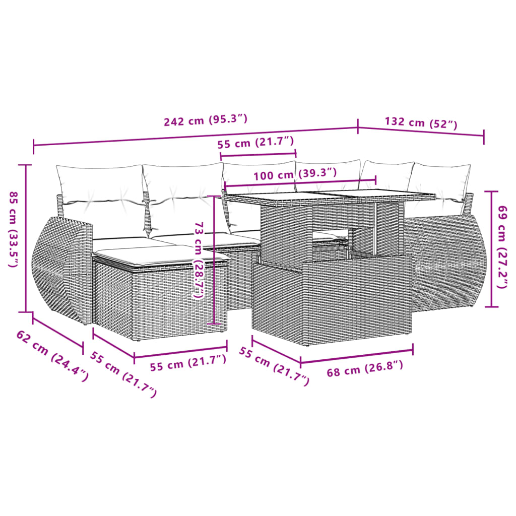 7-tlg. Garten-Sofagarnitur mit Kissen Beige Poly Rattan