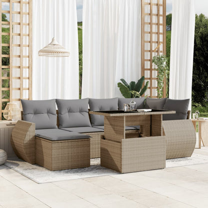 7-tlg. Garten-Sofagarnitur mit Kissen Beige Poly Rattan