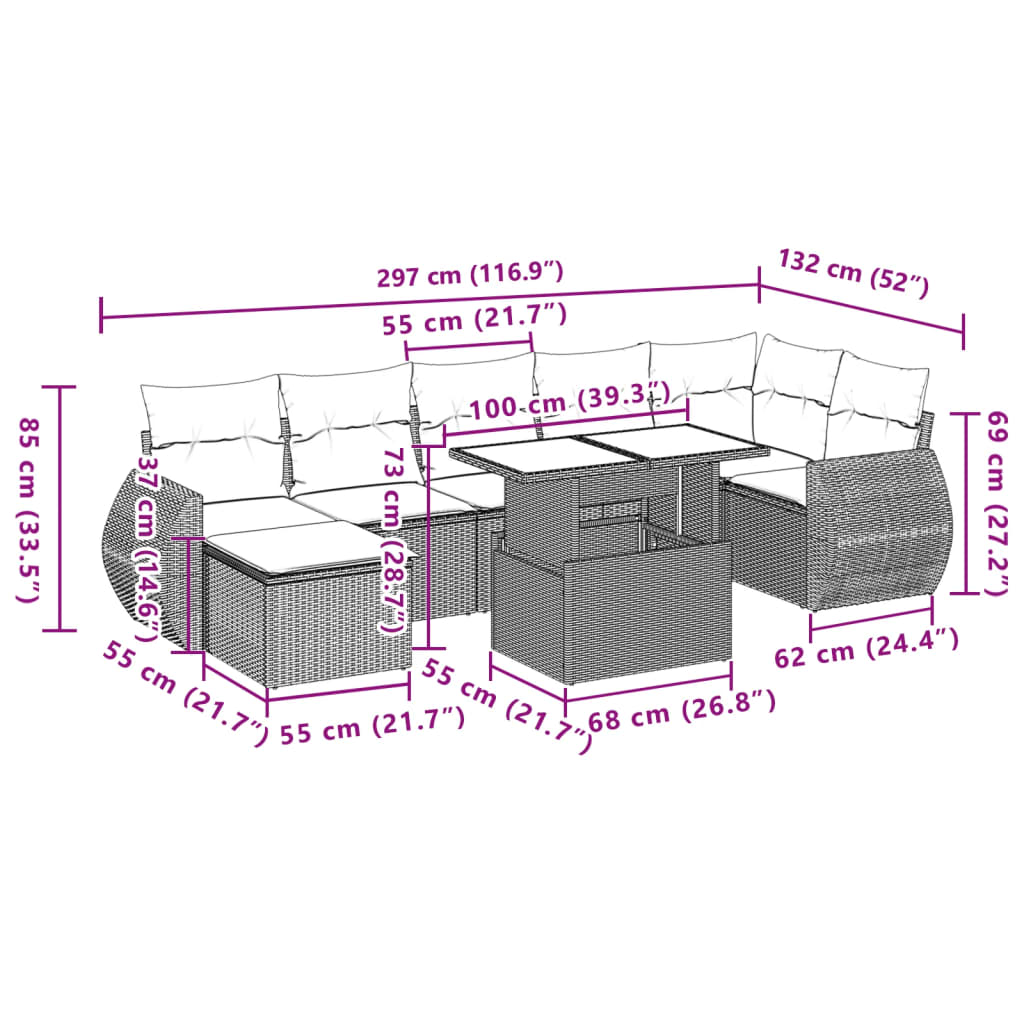 8-tlg. Garten-Sofagarnitur mit Kissen Schwarz Poly Rattan