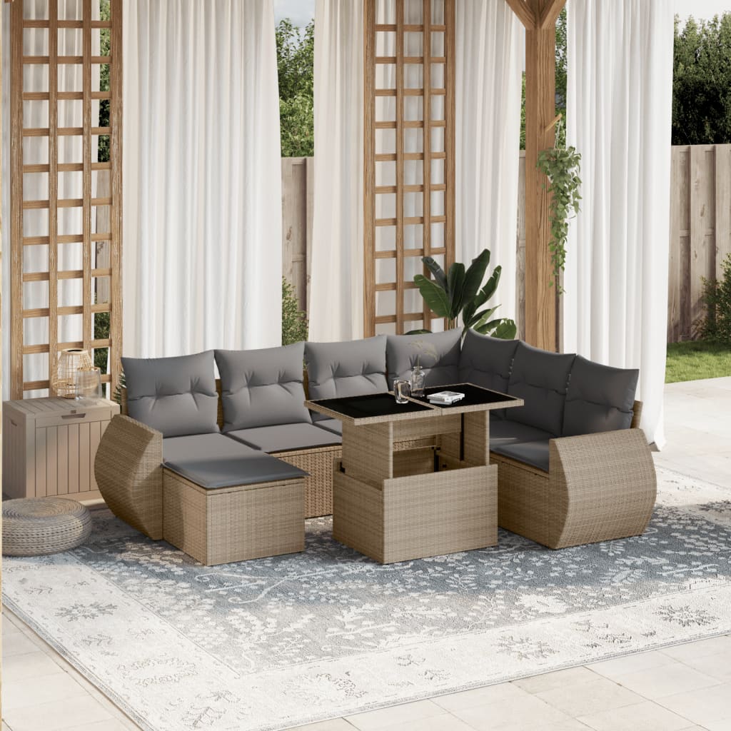 8-tlg. Garten-Sofagarnitur mit Kissen Beige Poly Rattan