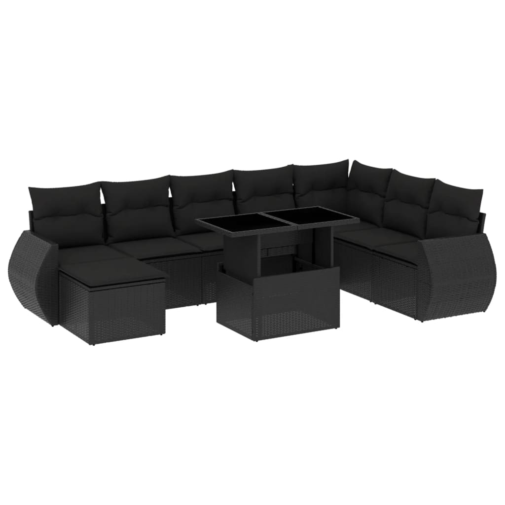 9-tlg. Garten-Sofagarnitur mit Kissen Schwarz Poly Rattan