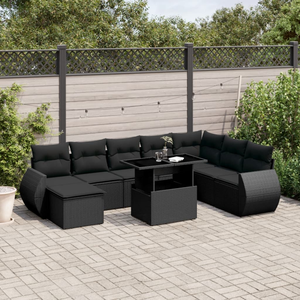 9-tlg. Garten-Sofagarnitur mit Kissen Schwarz Poly Rattan