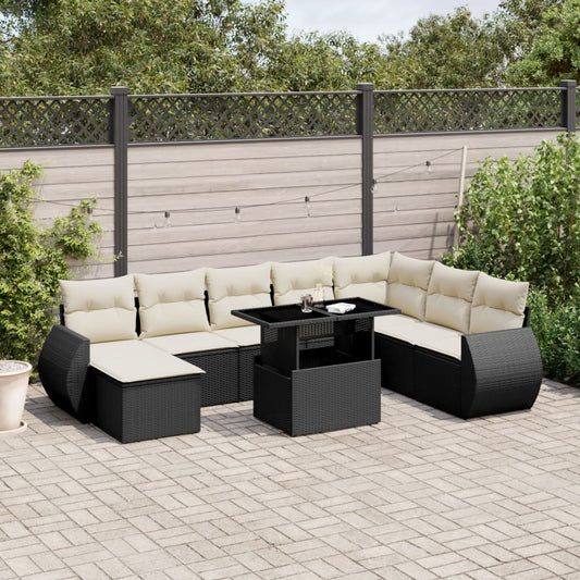 9-tlg. Garten-Sofagarnitur mit Kissen Schwarz Poly Rattan