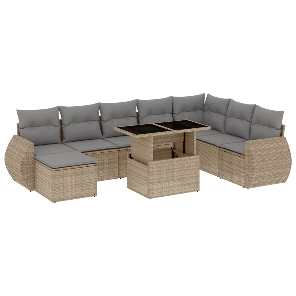 9-tlg. Garten-Sofagarnitur mit Kissen Beige Poly Rattan