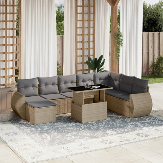 9-tlg. Garten-Sofagarnitur mit Kissen Beige Poly Rattan