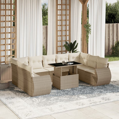 10-tlg. Garten-Sofagarnitur mit Kissen Beige Poly Rattan