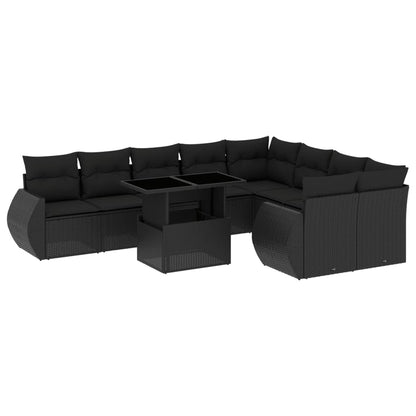 10-tlg. Garten-Sofagarnitur mit Kissen Schwarz Poly Rattan