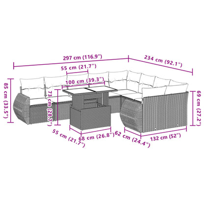 10-tlg. Garten-Sofagarnitur mit Kissen Schwarz Poly Rattan