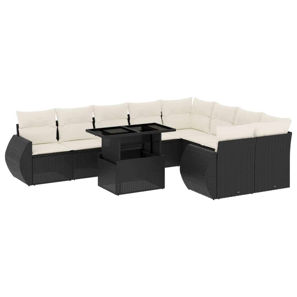 10-tlg. Garten-Sofagarnitur mit Kissen Schwarz Poly Rattan