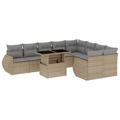 10-tlg. Garten-Sofagarnitur mit Kissen Beige Poly Rattan