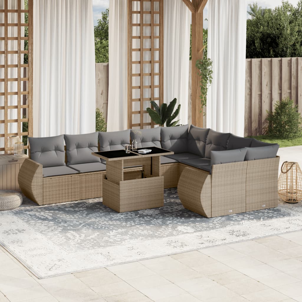 10-tlg. Garten-Sofagarnitur mit Kissen Beige Poly Rattan