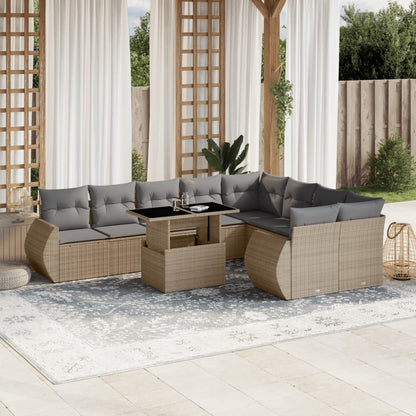 10-tlg. Garten-Sofagarnitur mit Kissen Beige Poly Rattan